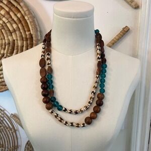 Vintage Boho Tribal Beaded Necklace Brown Wood Carved Shell Teal Layered Strand